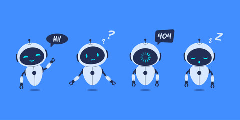 Set of different robots on blue background. Vector illustration for AI concepts, technology designs, and futuristic projects