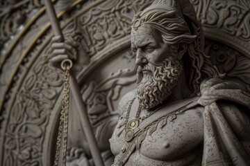 Arabian goddess Almaqah.. The god of fate and fortune portrayed with a wheel of destiny and a scale symbolizing the balance of destiny