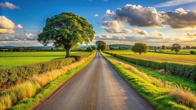 Empty countryside road through fields in Tarvin, Cheshire, England