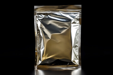 Blank aluminum blank foil food pack bag packaging isolated on black background