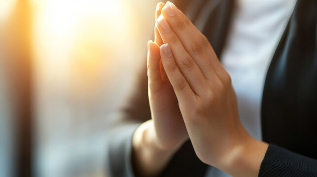 A person with hands together in a gesture of gratitude or prayer, representing mindfulness and reflection.