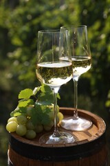 Tasty wine in glasses and grapes on wooden barrel outdoors