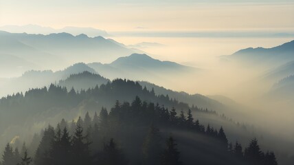 Obraz premium Misty fog in the forest, trees, mountains. Fog in nature. winter morning.