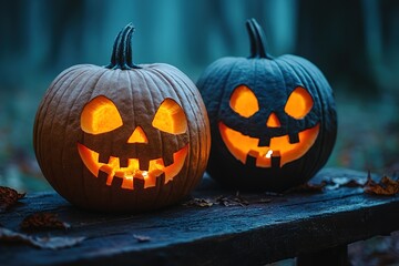 Obraz premium Spooky halloween pumpkins in forest. Scary halloween background with free space for text. Jack-o-lantern on a wooden table