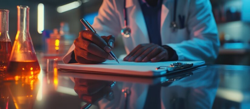 Close-up of a scientist's hands writing on a clipboard in a labo