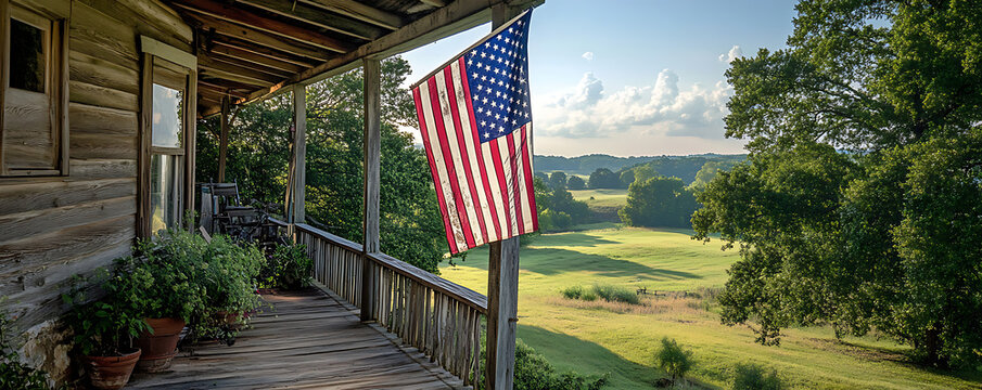 American Flag Porch View Rustic Cabin Countryside Landscape - Powered by Adobe