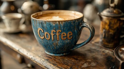 Rustic-themed artisanal coffee cup filled with frothy coffee, placed on a weathered wooden table in a cozy cafe setting, capturing the essence of comfort and warmth