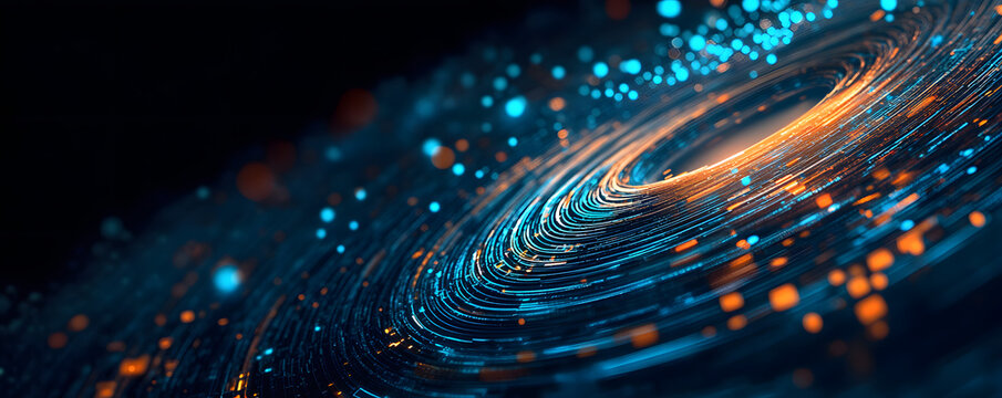 Big data. Business and digital technologies. Data flow in a secure system. Wireless systems, globalization. Data analytics, blockchain technology. 3D illustration of circular paths