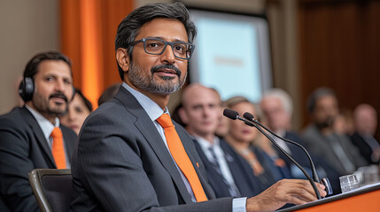 A well-dressed speaker engages the audience at a corporate conference, showcasing leadership and enthusiasm in a vibrant atmosphere