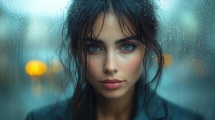 portrait of a poised businesswoman standing elegantly in the rain her confident demeanor reflecting resilience and professionalism amid a gloomy day