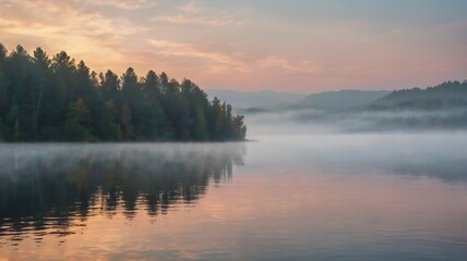 Fototapeta premium Misty morning on the lake fog in nature fog forest river fog