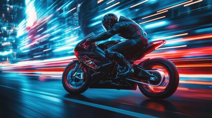 Fototapeta premium Man in Black Riding a Motorbike Against a Cyberpunk City Background with Motion Blur, Speed Effects, and Red Rim Lighting