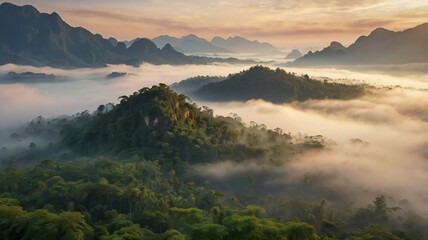 Misty fog in the forest, trees, mountains. Fog in nature. winter morning.