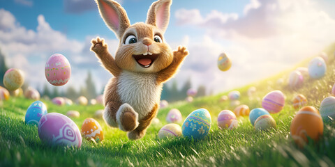 Happy Bunny Jumping Among Easter Eggs in Meadow


