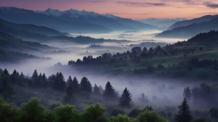 Misty fog in the forest, trees, mountains. Fog in nature. winter morning.