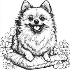 A black and white illustration of a cute pomeranian dog sitting on a pillow.