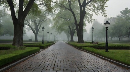 Fototapeta premium Misty city morning on park street. Fog in cities, for in nature.
