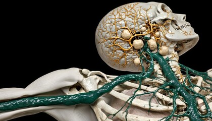 Fototapeta premium A 3D model of the upper body, highlighting the lymphatic vessels running along the sternum and ribs, extending into the arm, with key lymph nodes visible.