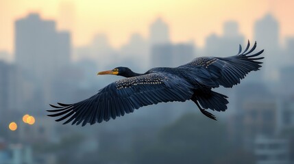 Fototapeta premium Black Bird Flying Over City Skyline at Sunrise