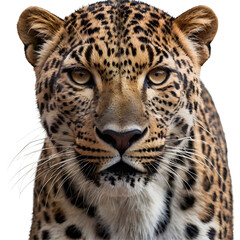 Fototapeta premium portrait of a leopard close-up front view isolated on white, transparent background png 