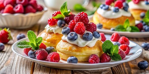Obraz premium Delicious Golden Nalesniki Served with Fresh Berries and Cream on a Rustic Wooden Tabletop
