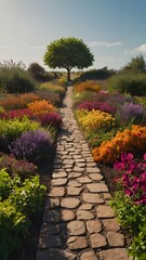 A path in a beautiful colorful garden
