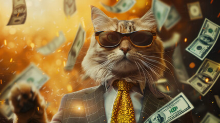 A cat in a suit and sunglasses with a yellow tie