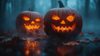 Fototapeta premium Spooky halloween pumpkins in forest. Scary halloween background with free space for text. Jack-o-lantern on a wooden table