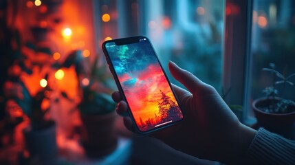 A hand holding a smartphone with a colorful sunset wallpaper aga