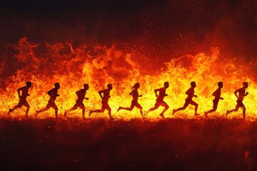 Fototapeta premium Silhouetted runners racing through flames