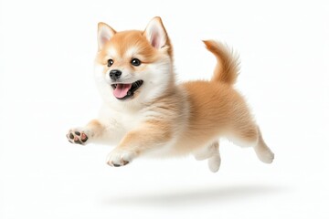 Obraz premium A happy little puppy leaps in mid-air with a playful grin.