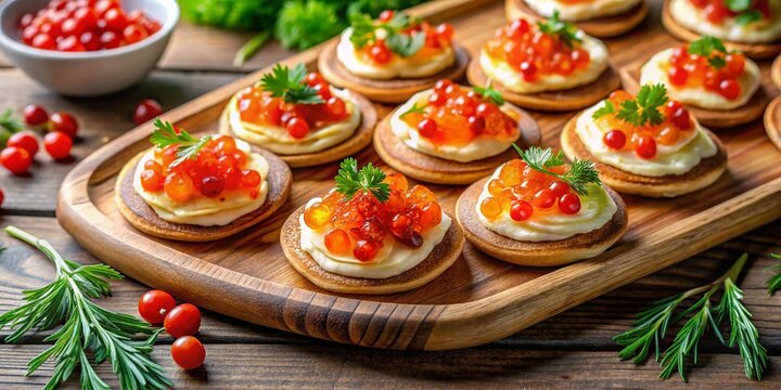 Delicious Russian Blins on a Wooden Board with Fresh Ingredients and Tasty Toppings Ready to Serve