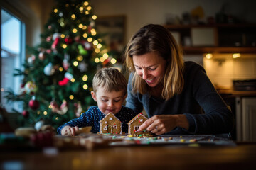 Fototapeta premium Mother with little son cooking gingerbread cookies against the background of a Christmas tree. Christmas and New Year's Eve.