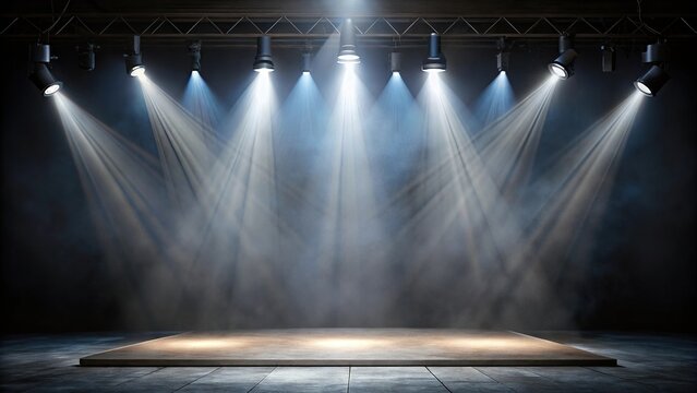 Empty stage illuminated by high angle spotlights