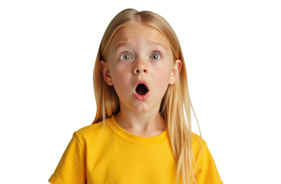 Girl in a yellow T-shirt with a surprised expression. Isolation on a transparent background