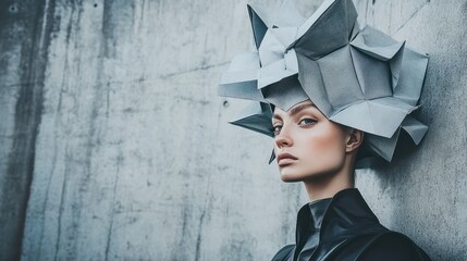 An unconventional fashion photoshoot featuring a model with exaggerated, architectural headwear, posed in front of a stark, industrial-style background