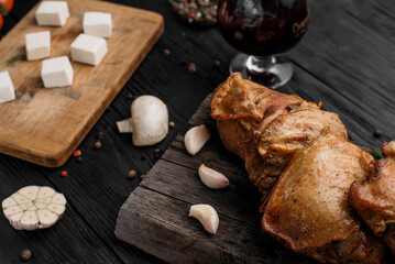 Smoked Pork Ribs and Sausages on Rustic Wooden Boards