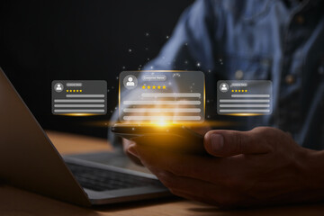 Yellow Customer Service or Customer Satisfaction and Support Concept. Best Quality Review Comment Rating for Product, Customer Service and Support to Show Satisfaction from User Experience