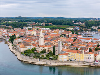 Aerial drone photo of the coastal town of Porec in Istria, Croatia.