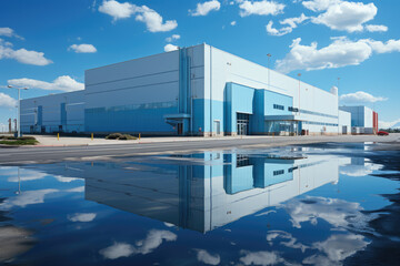 Modern industrial building reflected in a puddle