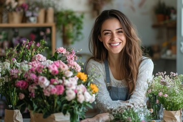 Happy business woman arranging handmade floral bouquet, Generative AI