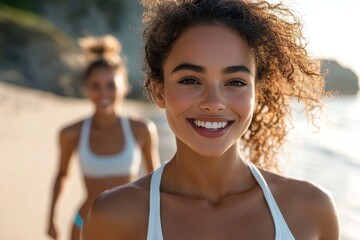 Healthy friends enjoying outdoor beach workout together, Generative AI