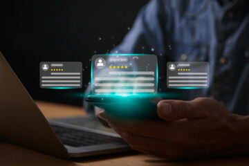 Green Customer Service or Customer Satisfaction and Support Concept. Best Quality Review Comment Rating for Product, Customer Service and Support to Show Satisfaction from User Experience