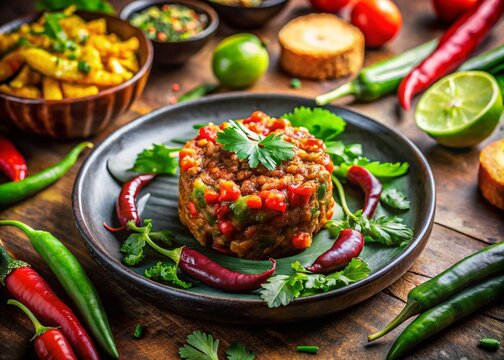 Deliciously Spicy Tarare Dish Served with Fresh Greens and Traditional Accompaniments on Plate