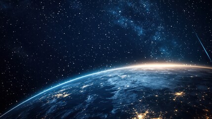 Fototapeta premium A stunning view of Earth from space, showcasing stars and a bright horizon.