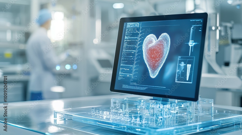 Poster a 3d model of a heart on a computer screen in a laboratory.