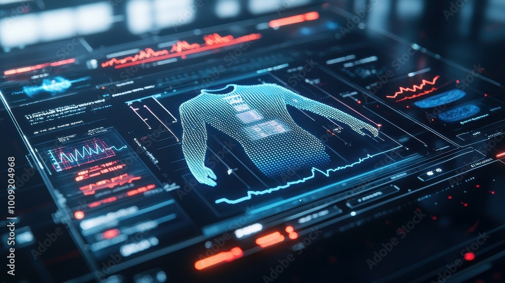 Poster a futuristic digital interface showing a 3d model of a body with data visualizations.