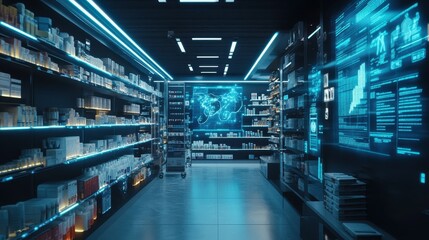 Obraz premium Futuristic store interior with blue glowing lights and digital displays.