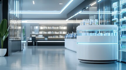 A modern pharmacy with a white rotating display case filled with various products.