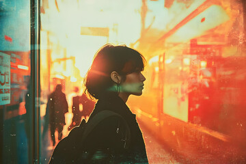 Silhouetted Woman with Backpack Stands in Front of a Glass Window with a Glowing Sunset Background